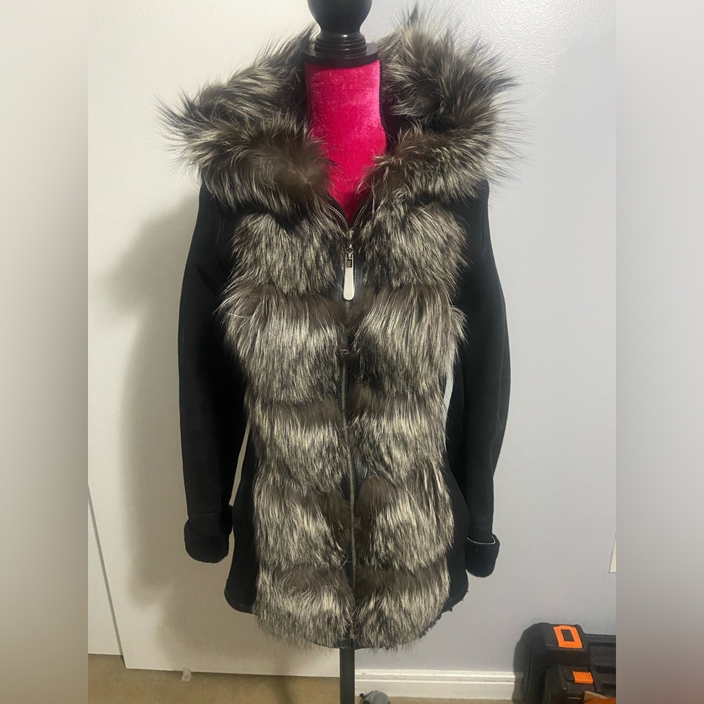 Black Fox Fur Shearling Coat Size XS